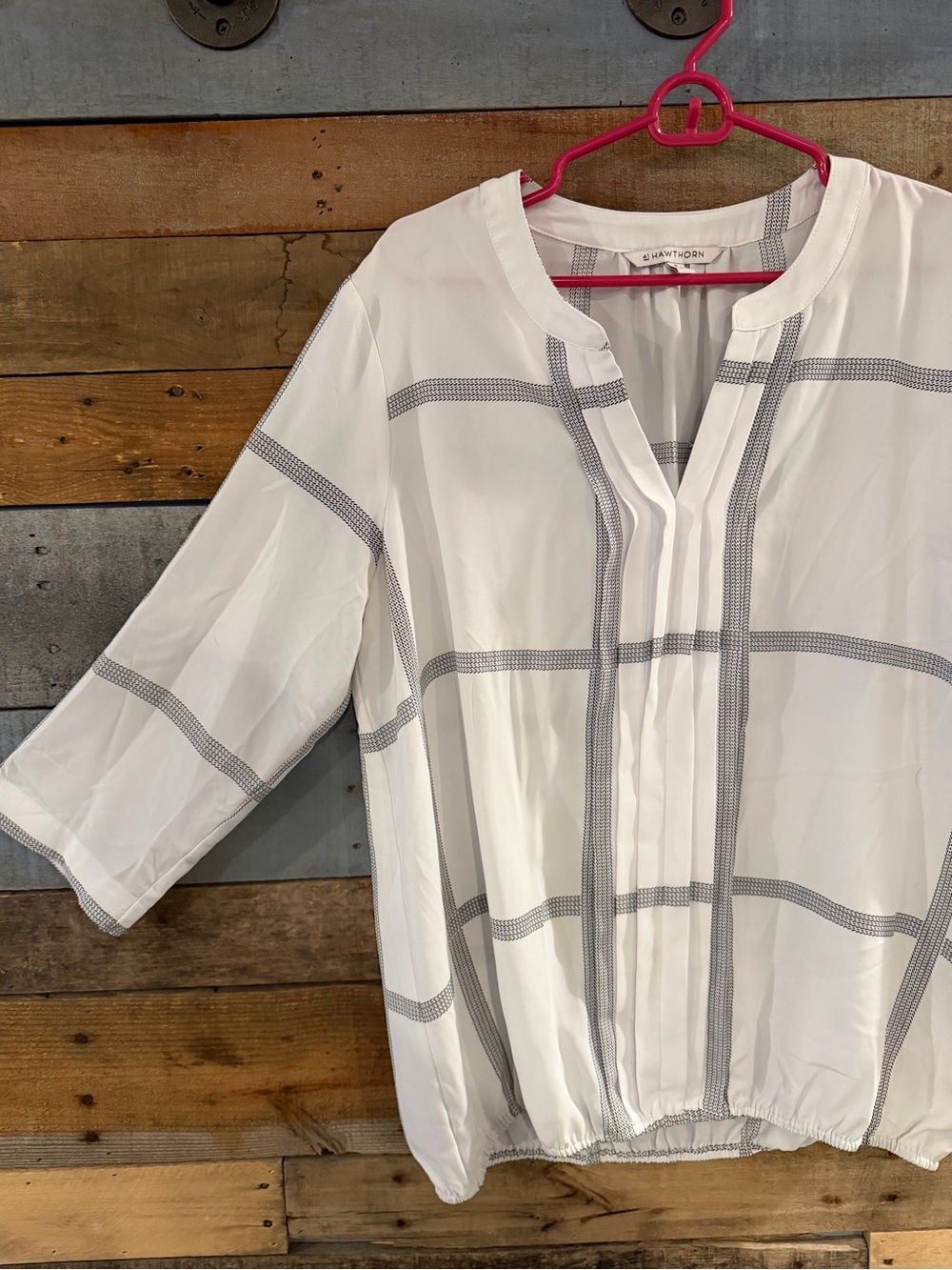 41 Hawthorn White Blouse with Gray Windowpane Plaid